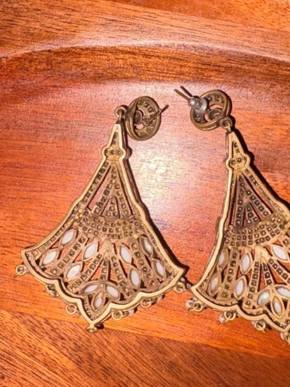 Elegant Gold-Tone Pearl & Crystal Chandelier Earrings